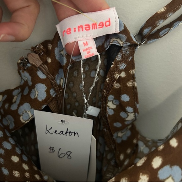 NWT Re-Named Midi Satin Brown and Blue Patteren Dress Medium - Picture 4 of 5